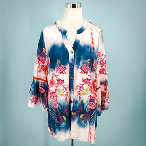 Calessa Size Large L Tie Dye Floral Paisley Embroidered Print Button Tunic Top